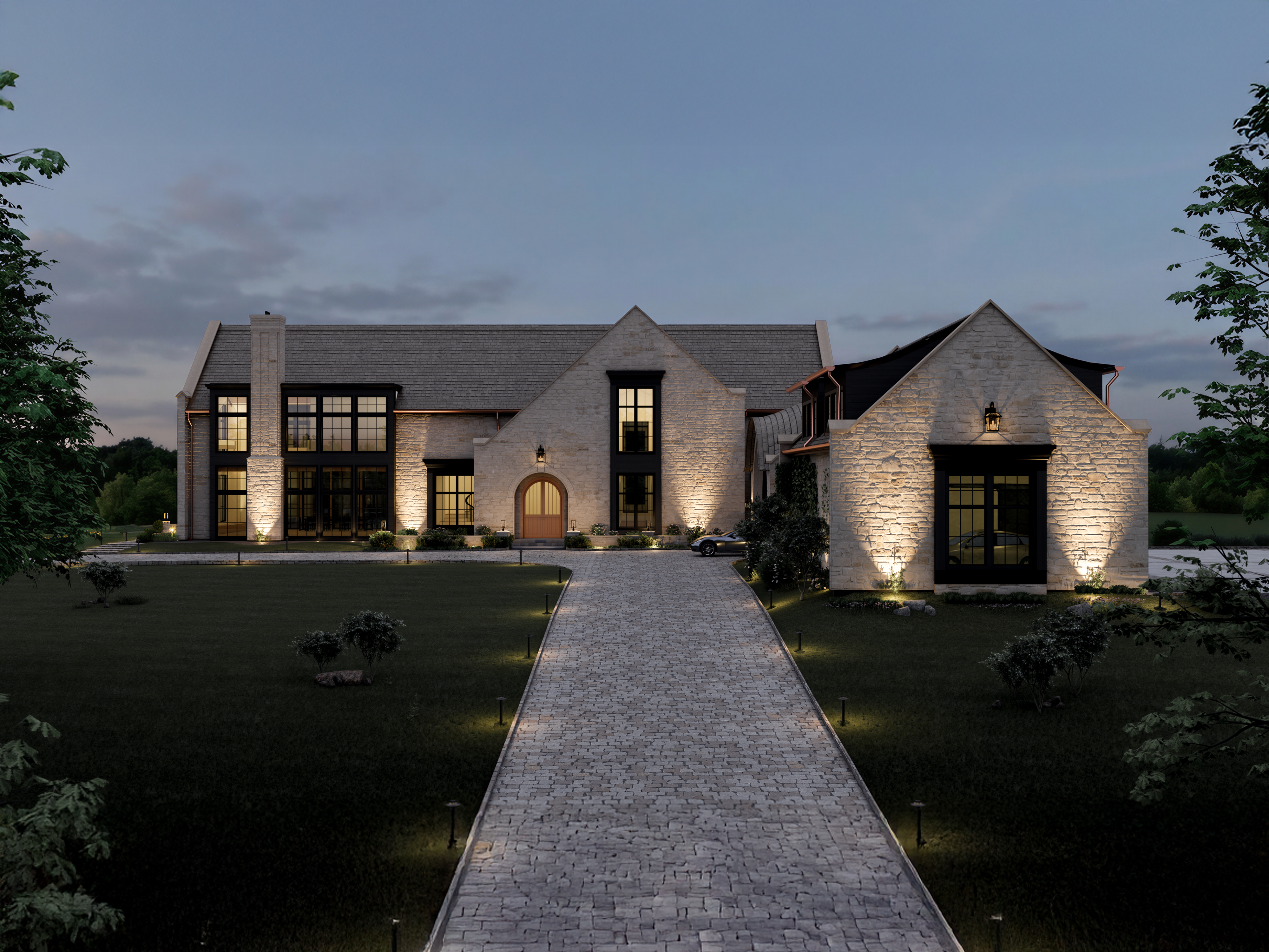 Contemporary black home with pond reflection